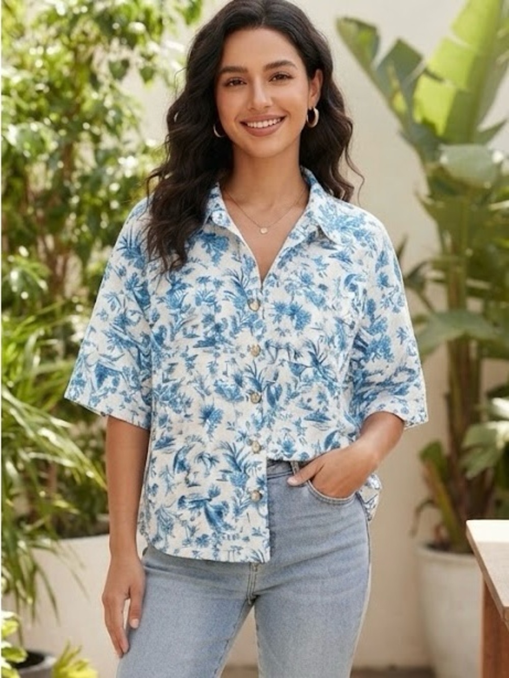 mySTYLE Blue White Toile Hibiscus Tropical Floral Button-Down Shirt 100% Cotton